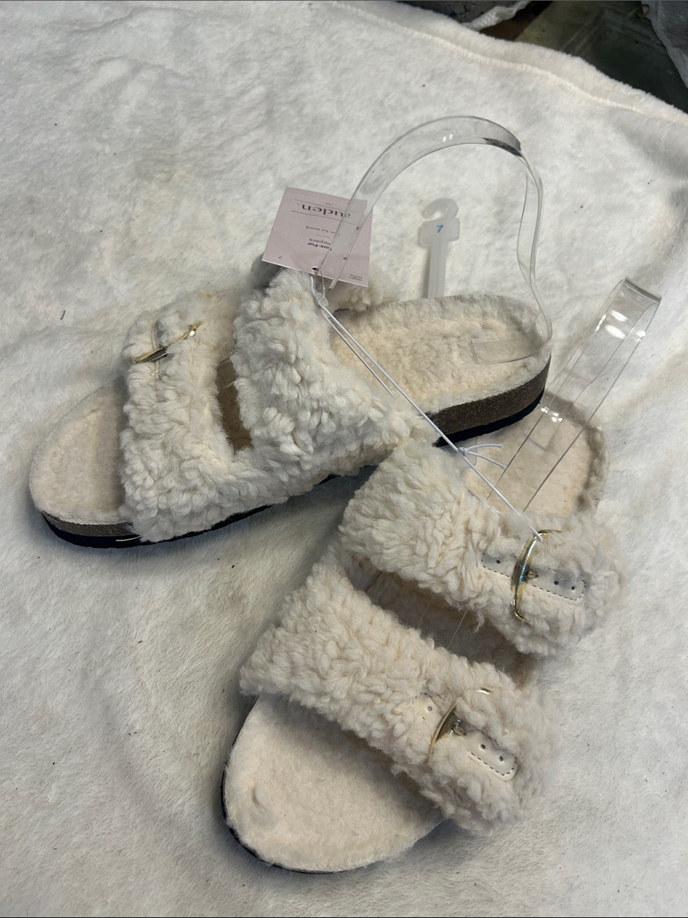 Auden Cream Faux Shearling Double-Buckle Slide Sandals